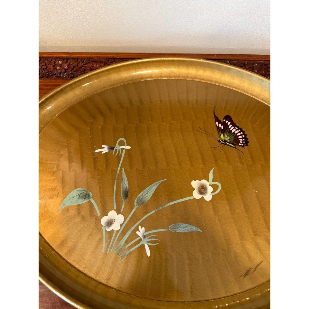 Vintage Gold Lacquer Tray, Hand Painted Butterfly Oval‎ Serving Tray - 18